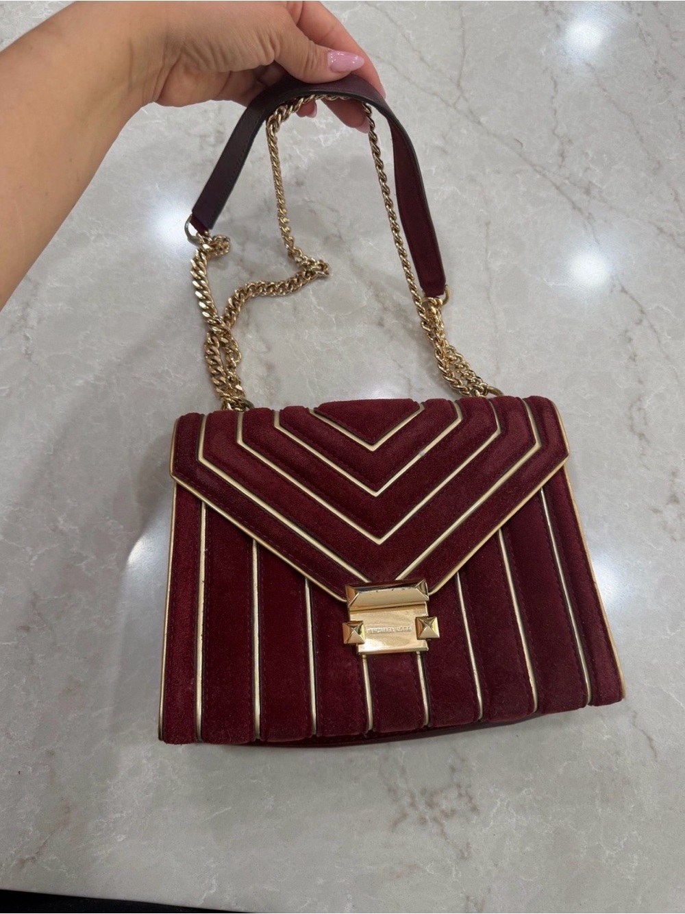 Michael Kors Burgundy Velvet Quilted Chain Shoulder Bag with Gold Hardware